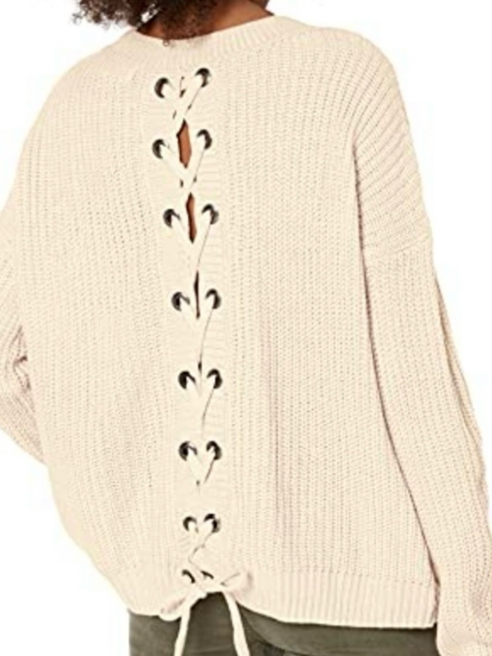Jack by BB Dakota Cream Lace-Up Back Chunky Crew Sweater
